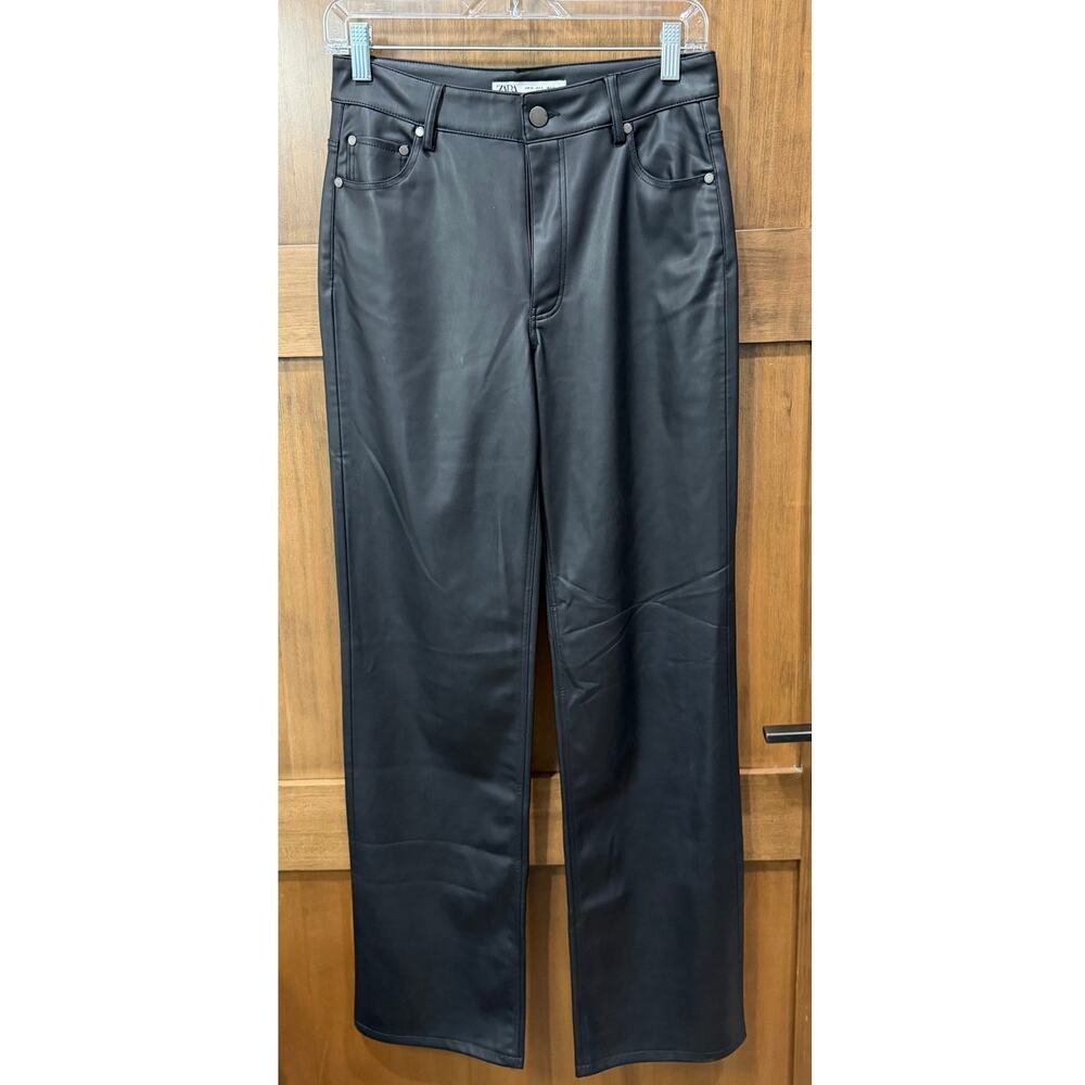 ZARA Black Faux Leather Pants Women Size 4 High‎ Waisted Straight Leg Trousers